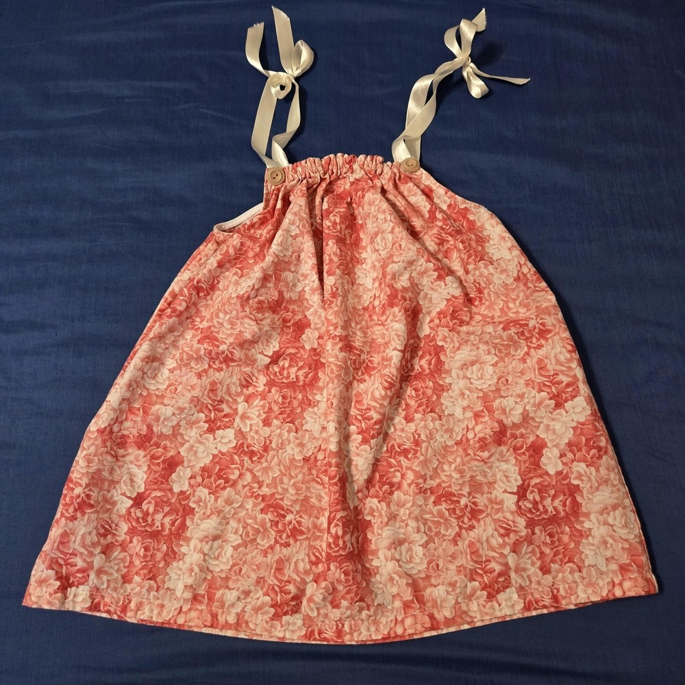 Sundress Girls 4T Pink Floral Cotton Sleeveless Tie Strap Knee Length Summer - Picture 6 of 9